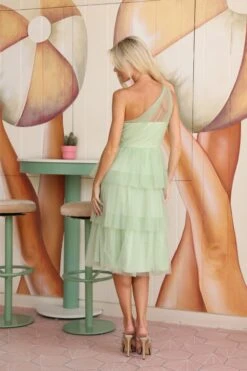 Leyana One Shoulder Tulle Dress In Sage Green -Laceand Beads 0H6A3027