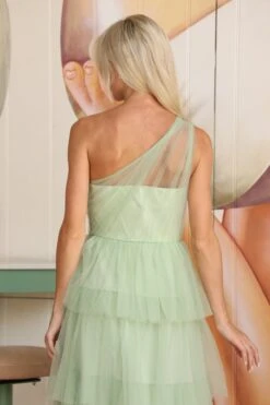 Leyana One Shoulder Tulle Dress In Sage Green -Laceand Beads 0H6A3028