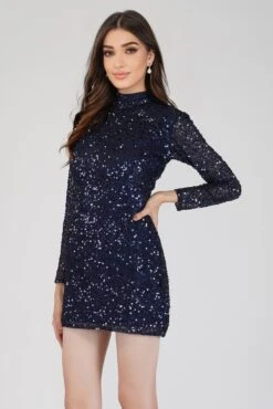 Athena Long Sleeve Sequin Mini Dress In Dark Blue
