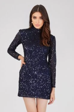 Athena Long Sleeve Sequin Mini Dress In Dark Blue -Laceand Beads 12 22 Copy