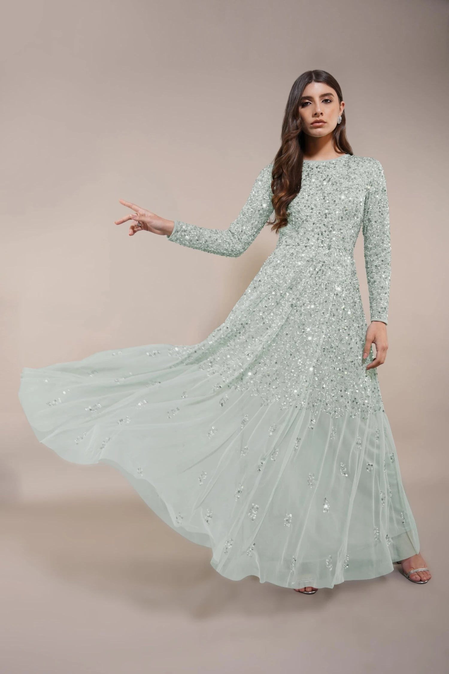 Sila Long Sleeve Embellished Maxi Dress In Sage Green 1 Sila Long Sleeve Embellished Maxi Dress In Sage Green