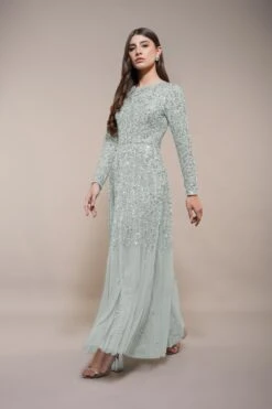 Sila Long Sleeve Embellished Maxi Dress In Sage Green 10 Sila Long Sleeve Embellished Maxi Dress In Sage Green -Laceand Beads 19 4