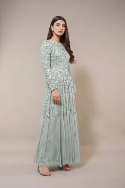 Sila Long Sleeve Embellished Maxi Dress In Sage Green 9 Sila Long Sleeve Embellished Maxi Dress In Sage Green -Laceand Beads 19 5