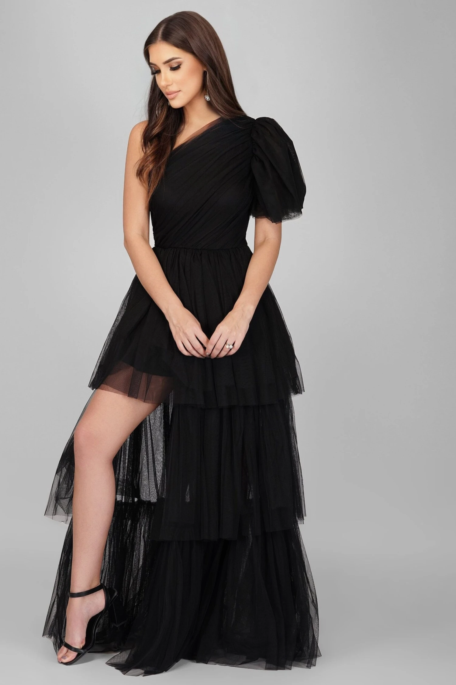 Rowena One Shoulder Tulle Gown In Black 4 Rowena One Shoulder Tulle Gown In Black - Image 4