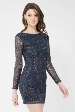 Brooklyn Navy Blue Long Sleeve Sequin Mini Dress -Laceand Beads 1 2