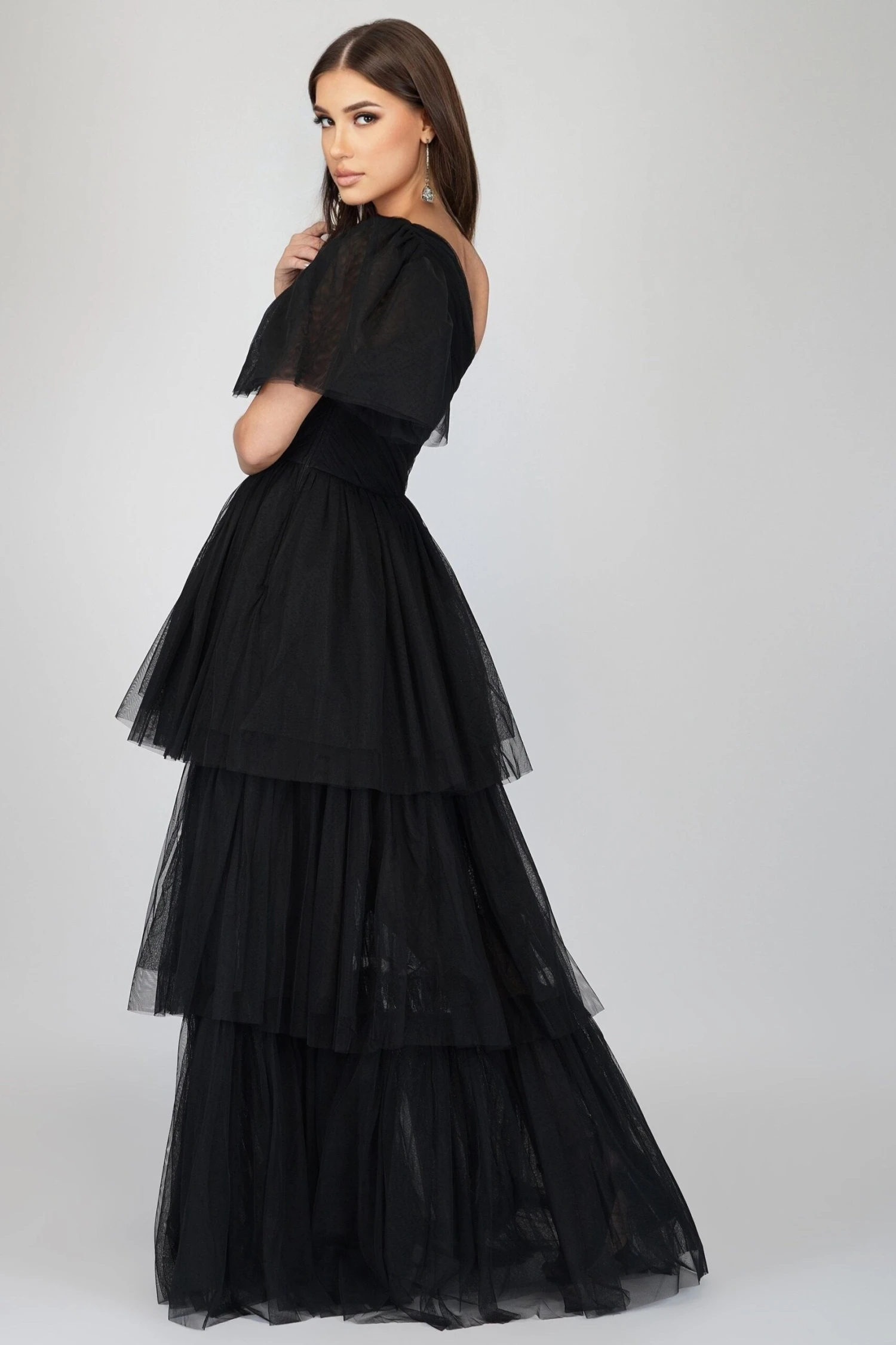 Rowena One Shoulder Tulle Gown In Black 2 Rowena One Shoulder Tulle Gown In Black - Image 2