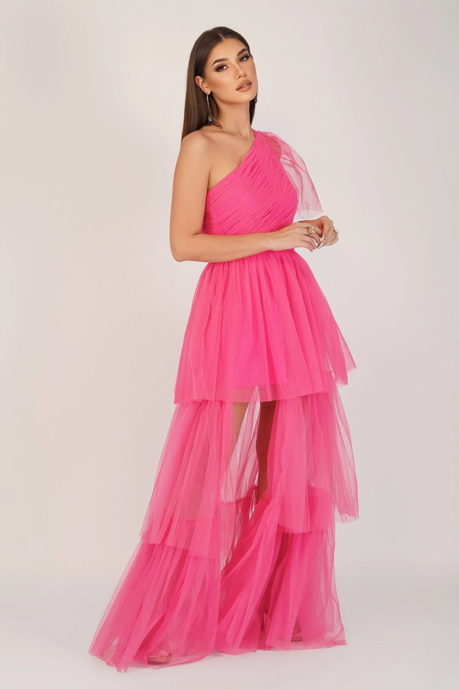Rowena Bright Pink One Shoulder Tulle Gown 2 Rowena Bright Pink One Shoulder Tulle Gown - Image 2