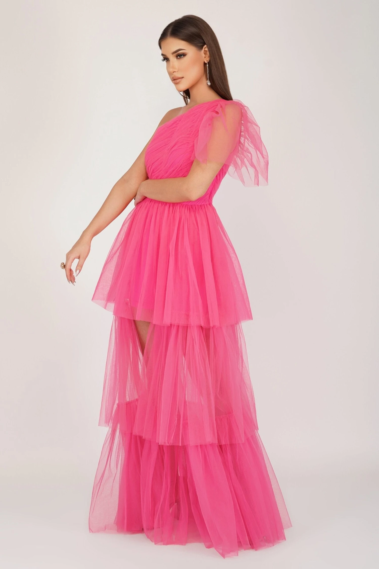 Rowena Bright Pink One Shoulder Tulle Gown 4 Rowena Bright Pink One Shoulder Tulle Gown - Image 4