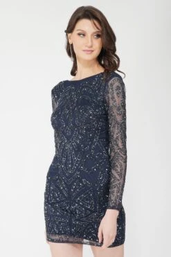 Brooklyn Navy Blue Long Sleeve Sequin Mini Dress -Laceand Beads 1 3