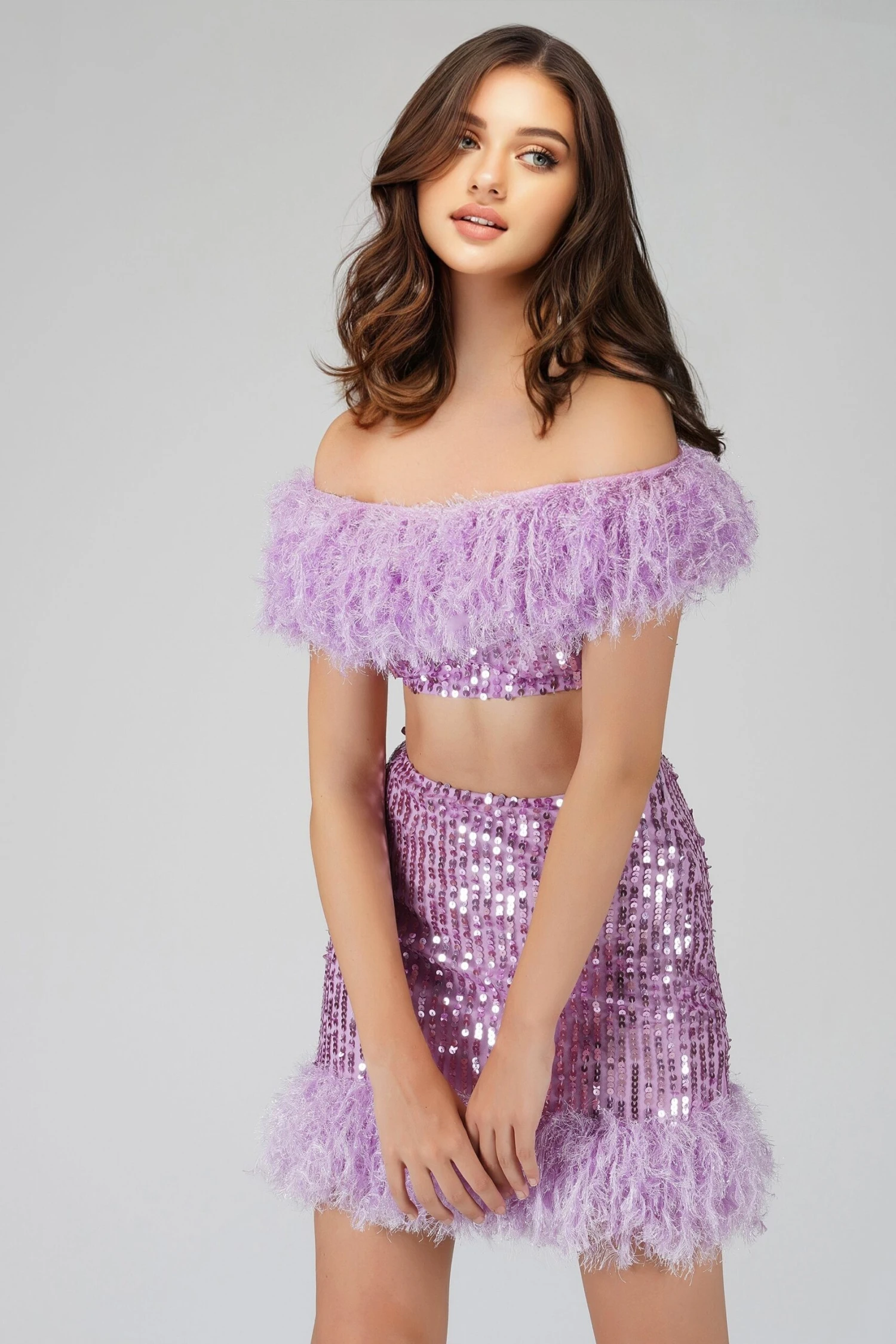Zuri Sequin Lilac Feather Skirt 4 Zuri Sequin Lilac Feather Skirt - Image 4