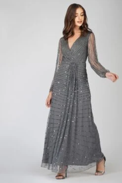 Miya Long Sleeve Grey Bridesmaid Dress -Laceand Beads 2 11 Copy