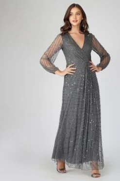 Miya Long Sleeve Grey Bridesmaid Dress -Laceand Beads 2 13 Copy