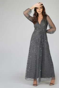 Miya Long Sleeve Grey Bridesmaid Dress -Laceand Beads 2 14 Copy