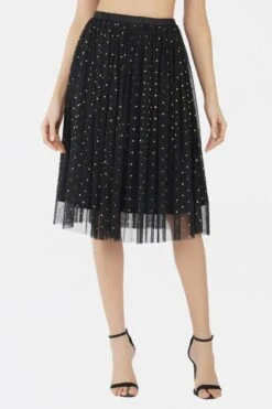 Val Black And Gold Tulle Midi Skirt