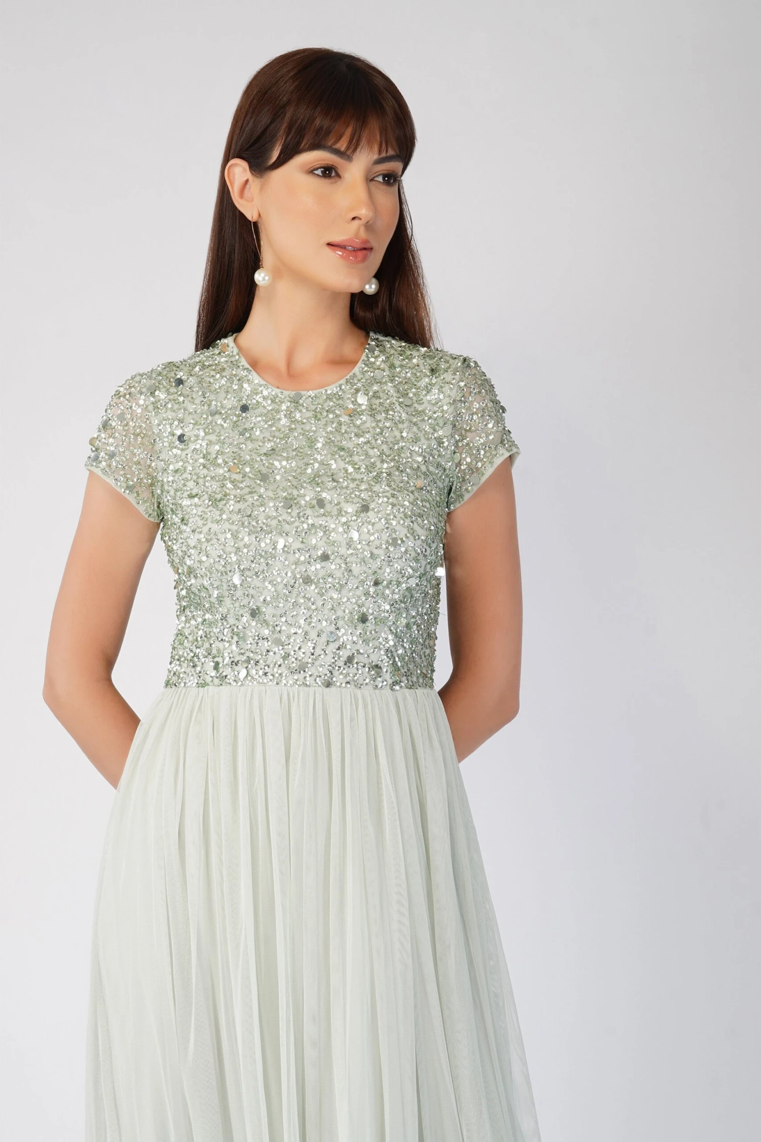 Picasso Short Sleeve Sage Green Embellished Dress 5 Picasso Short Sleeve Sage Green Embellished Dress - Image 5