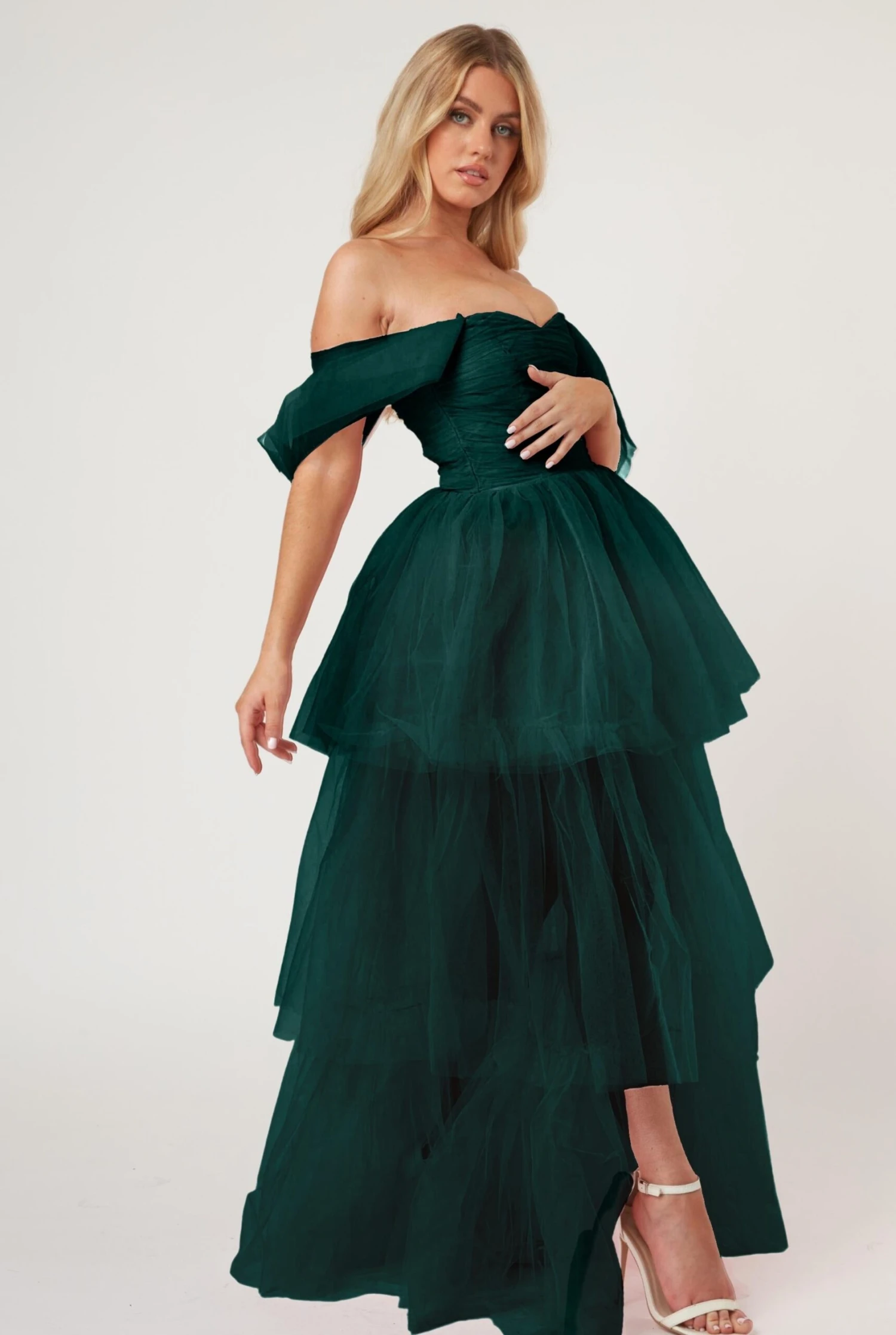 Sydney Off Shoulder Tulle Maxi Dress In Emerald Green 5 Sydney Off Shoulder Tulle Maxi Dress In Emerald Green - Image 5