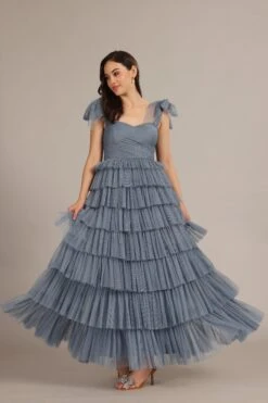 Ophelia Dusty Blue Maxi Dress With Tie Detail