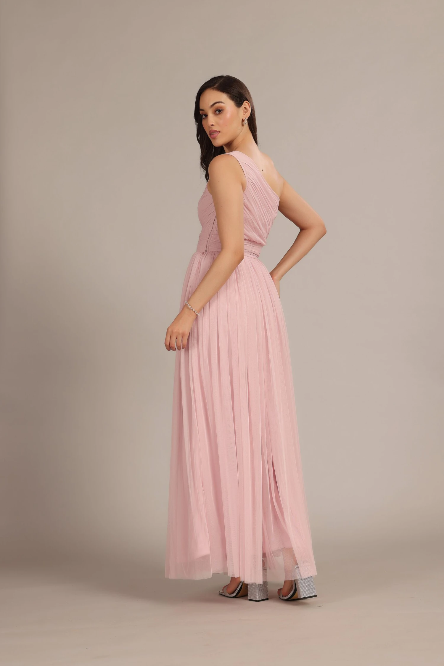 One Shoulder Maxi Dress In Powder Pink 4 One Shoulder Maxi Dress In Powder Pink - Image 4