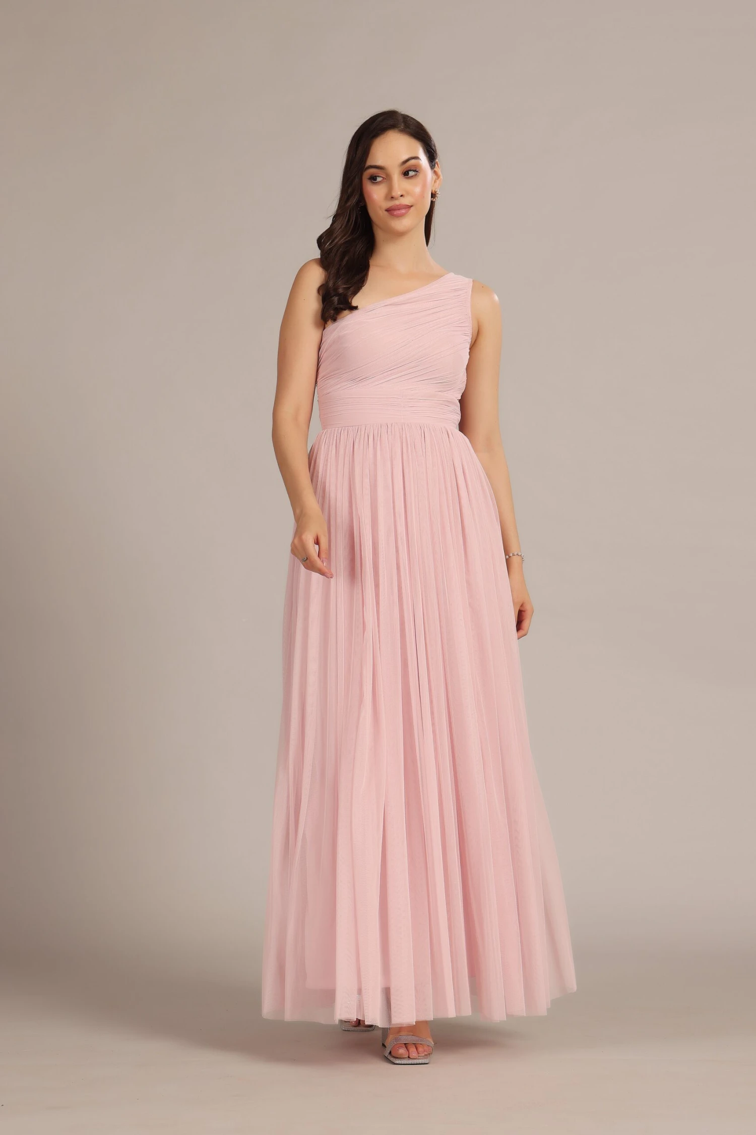 One Shoulder Maxi Dress In Powder Pink 3 One Shoulder Maxi Dress In Powder Pink - Image 3