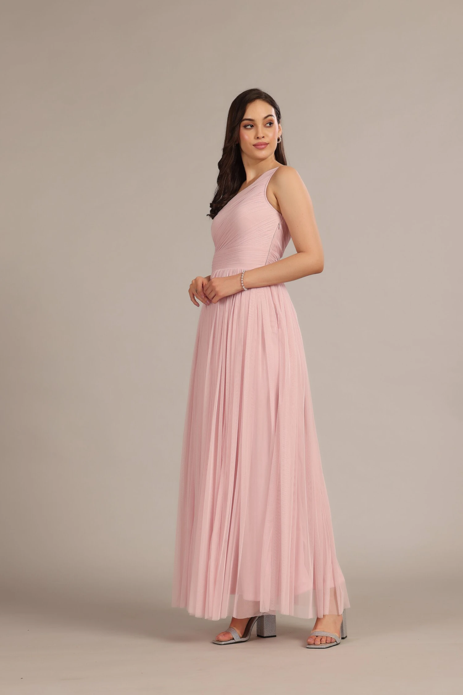 One Shoulder Maxi Dress In Powder Pink 2 One Shoulder Maxi Dress In Powder Pink - Image 2