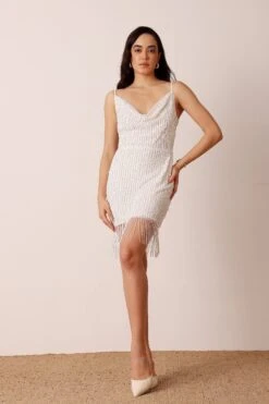 Eva Embellished Fringe Mini Dress In White
