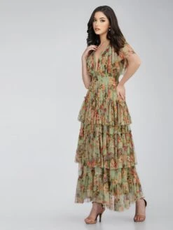 Exham Printed Tulle Maxi Dress In Green Floral -Laceand Beads Exham