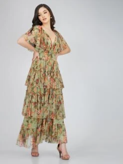 Exham Printed Tulle Maxi Dress In Green Floral -Laceand Beads ExhamMaxi 2