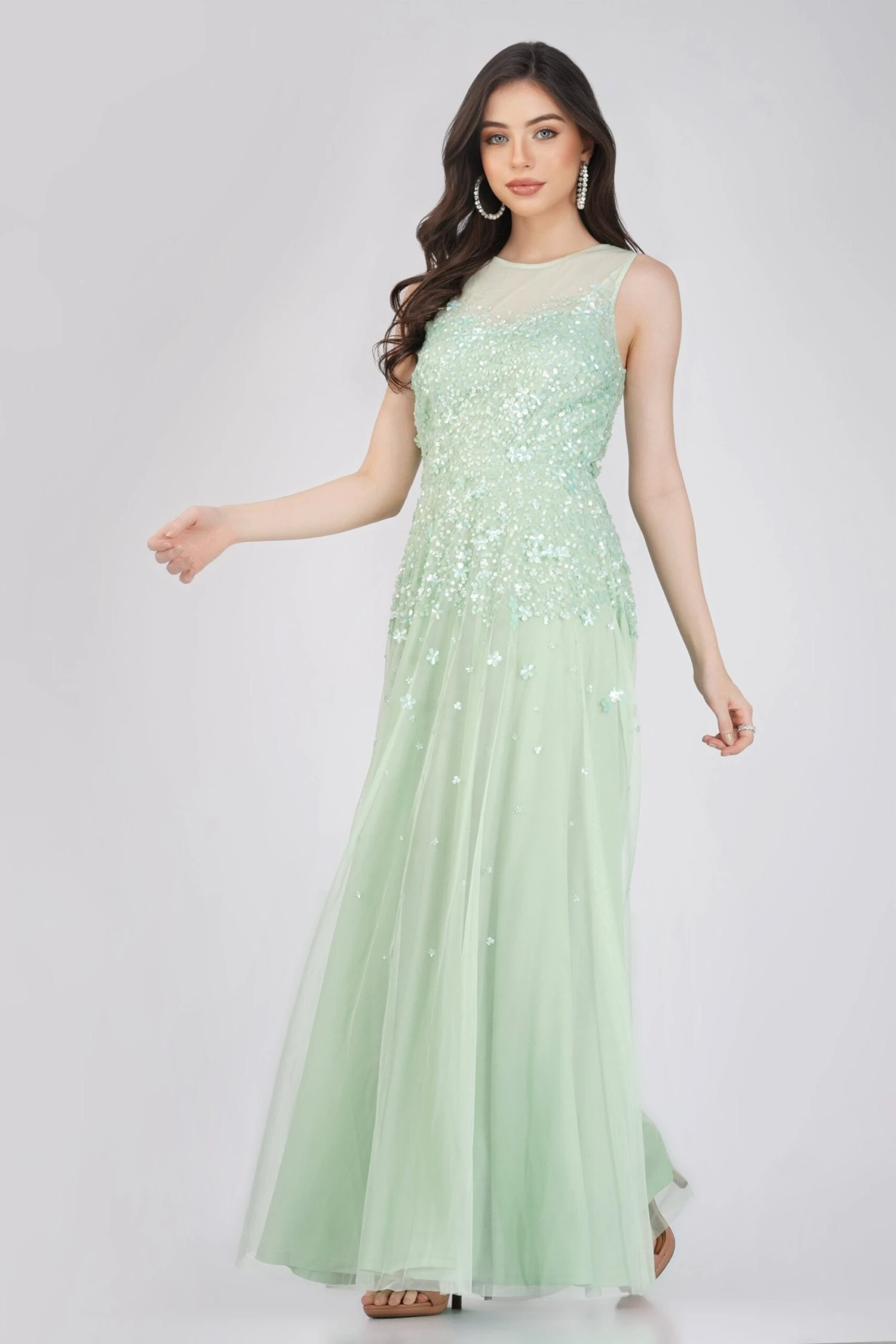 Lilith Floral Embellished Maxi Dress In Mint 1 Lilith Floral Embellished Maxi Dress In Mint