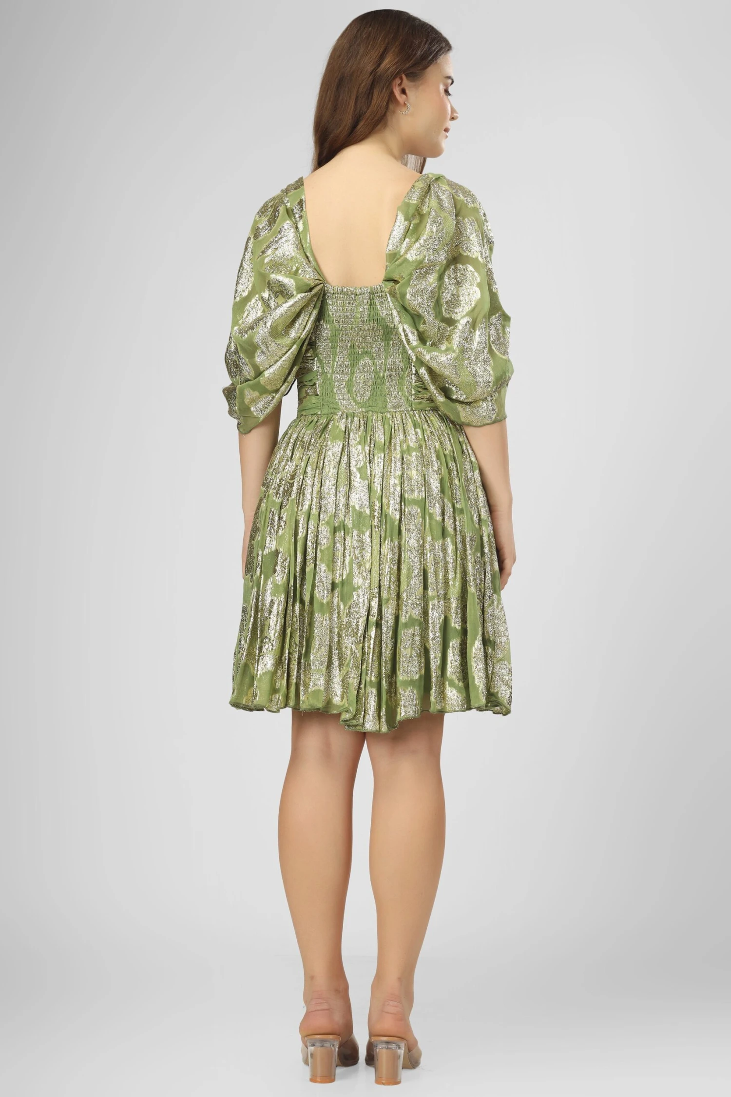 Sydney Metallic Printed Mini Dress In Olive Green 2 Sydney Metallic Printed Mini Dress In Olive Green - Image 2
