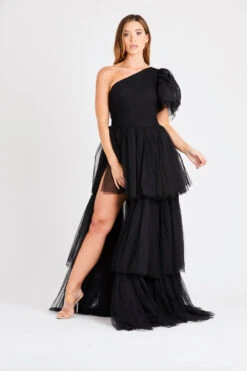 Rowan One Shoulder Tulle Gown -Laceand Beads INN6517BLK 1