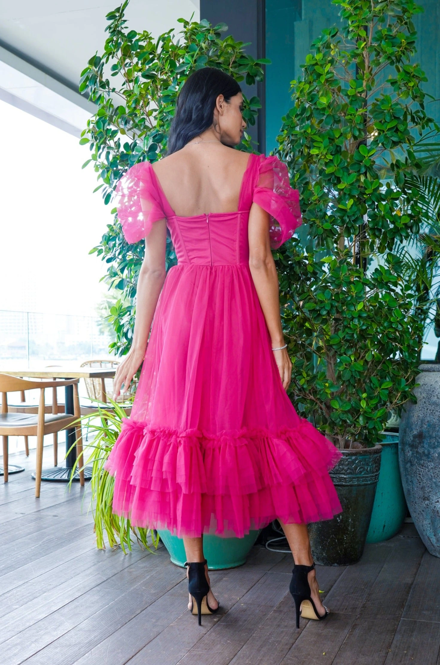 Jayne Bright Pink Tulle Midi Dress 2 Jayne Bright Pink Tulle Midi Dress - Image 2