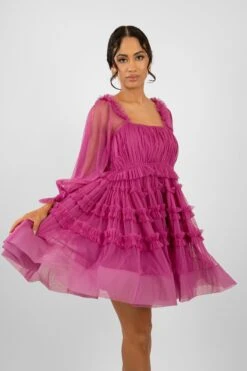 Jessica Tulle Smock Mini Dress In Vivid Purple -Laceand Beads JessicaVividPurple 3
