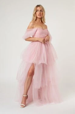 Sydney Off Shoulder Tulle Maxi Dress In Powder Pink -Laceand Beads LaceandBeads1524
