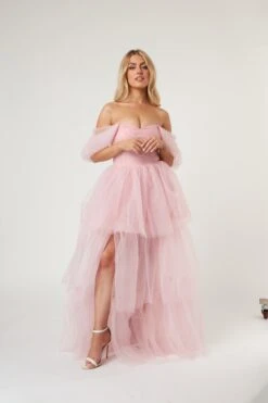 Sydney Off Shoulder Tulle Maxi Dress In Powder Pink -Laceand Beads LaceandBeads1531