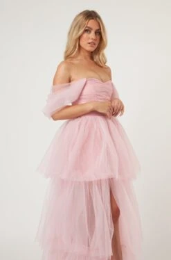 Sydney Off Shoulder Tulle Maxi Dress In Powder Pink -Laceand Beads LaceandBeads1554