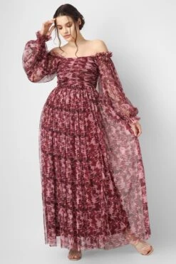 Lana Burgundy Printed Tulle Dress -Laceand Beads LanaBurgundyprint 11