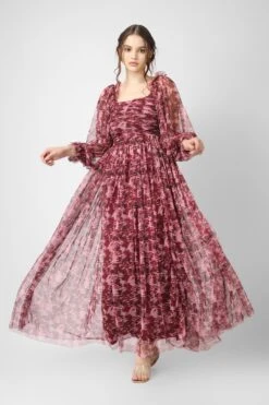 Lana Burgundy Printed Tulle Dress -Laceand Beads LanaBurgundyprint 2