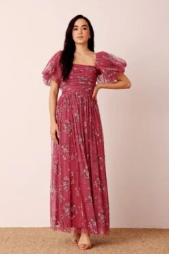 Lana Puff Sleeve Tulle Maxi Dress In Orchid Floral