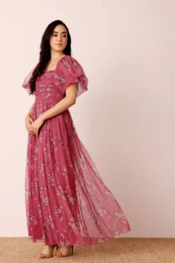 Lana Puff Sleeve Tulle Maxi Dress In Orchid Floral 9 Lana Puff Sleeve Tulle Maxi Dress In Orchid Floral -Laceand Beads Lana Maxi in Orchid Floral 5