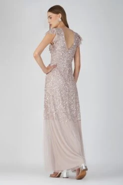 Larissa Short Sleeve Embellished Maxi Dress In Mink -Laceand Beads LarissaMaxi Mink 2