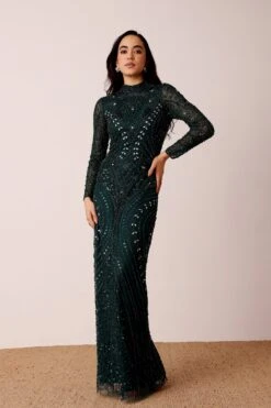 Lotus Embellished Maxi Dress In Emerald Green