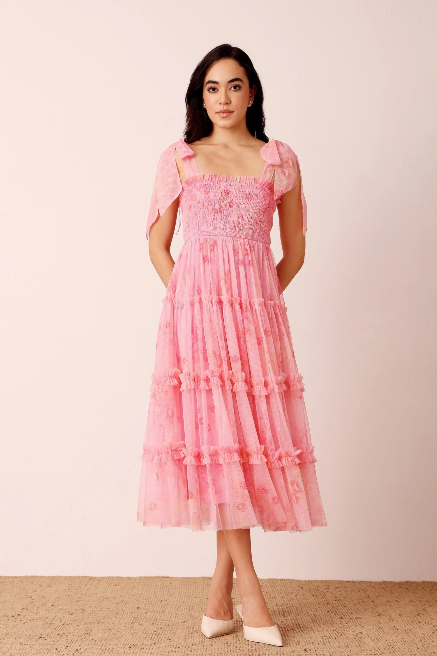 Louise Midi Dress In Pink Floral 2 Louise Midi Dress In Pink Floral - Image 2