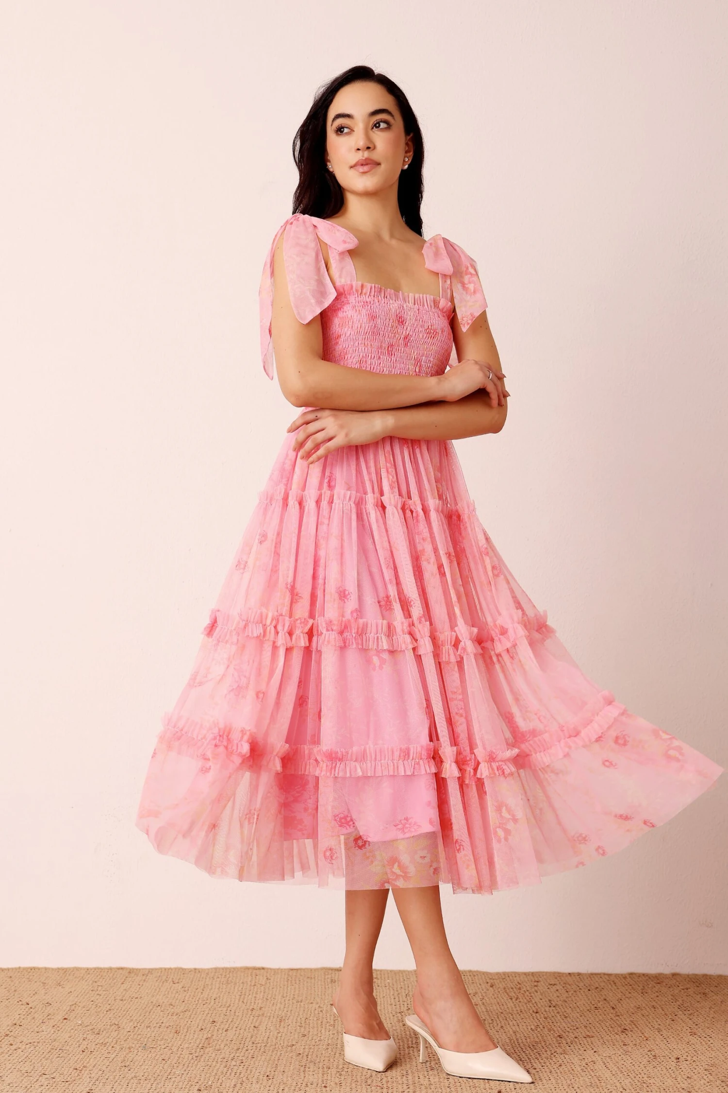 Louise Midi Dress In Pink Floral 6 Louise Midi Dress In Pink Floral - Image 6