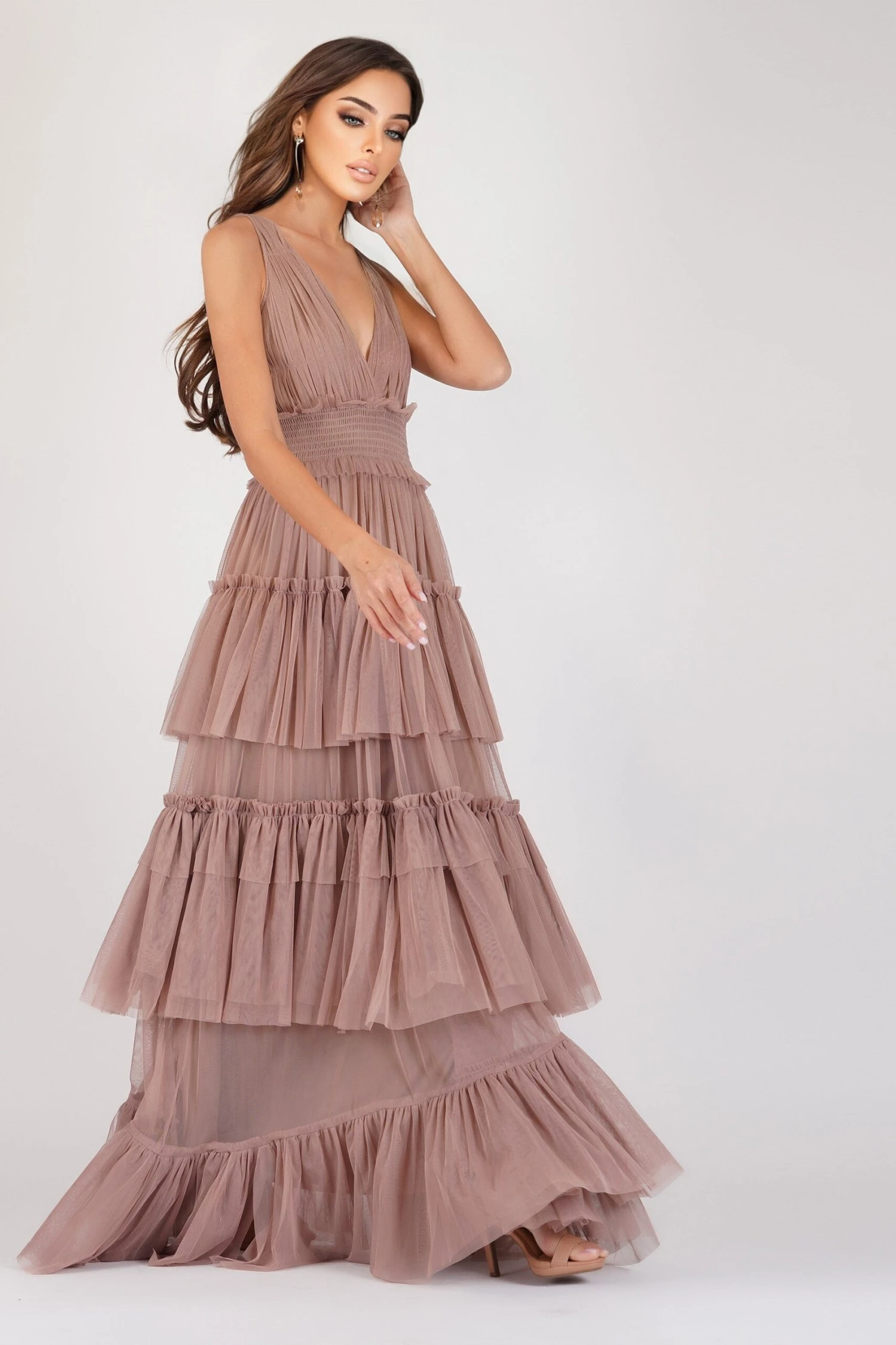 Luna Mink Tulle Plunge Maxi Dress 1 Luna Mink Tulle Plunge Maxi Dress