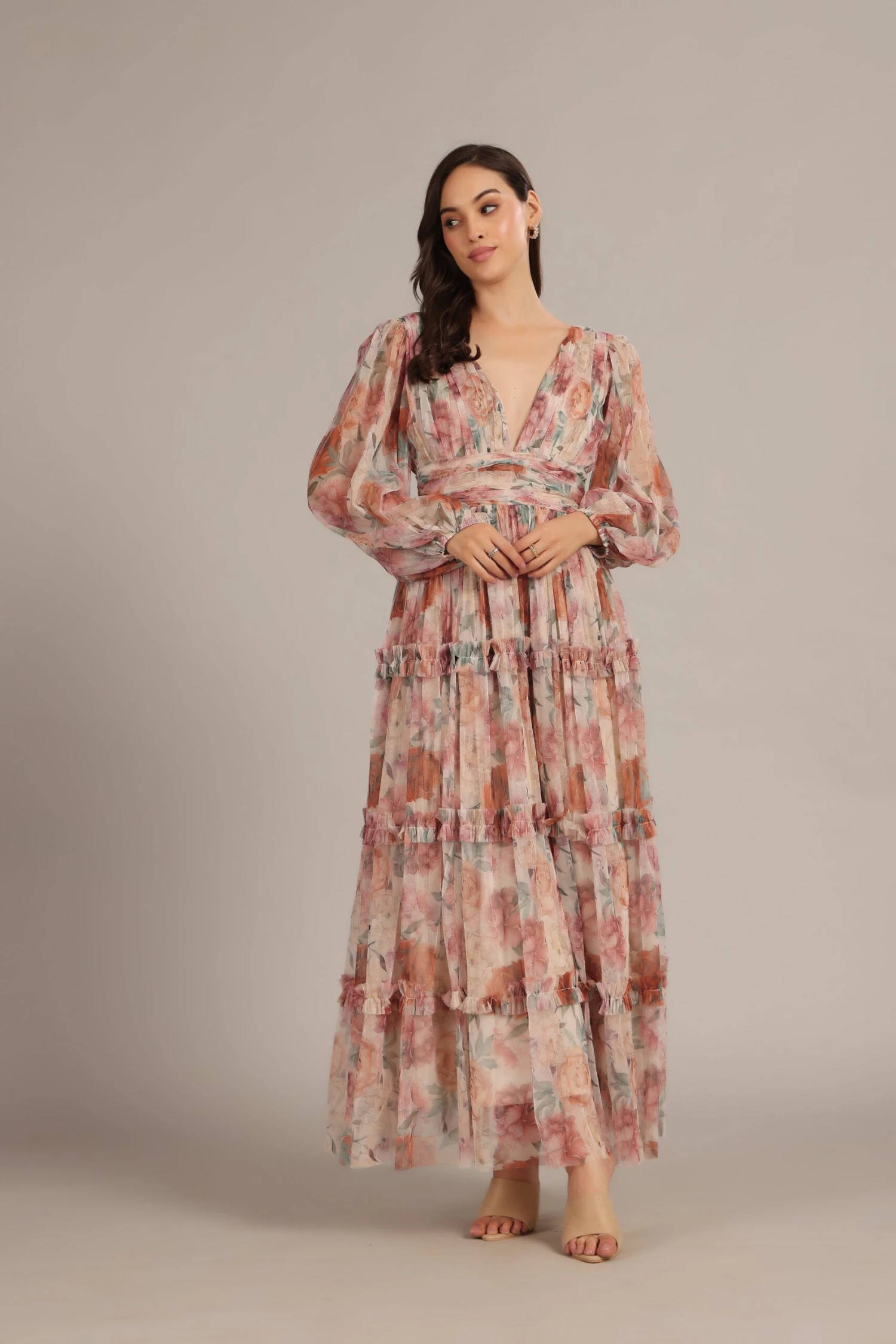 Lydia Maxi Dress In Light Brown Floral 1 Lydia Maxi Dress In Light Brown Floral