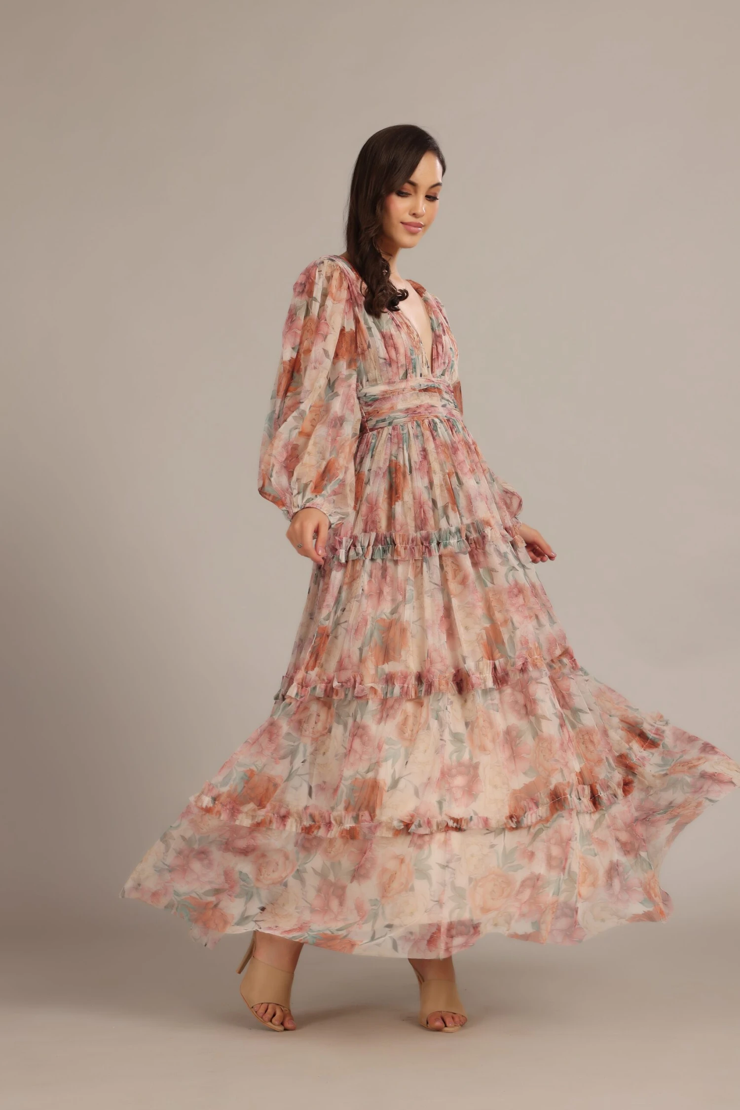 Lydia Maxi Dress In Light Brown Floral 2 Lydia Maxi Dress In Light Brown Floral - Image 2