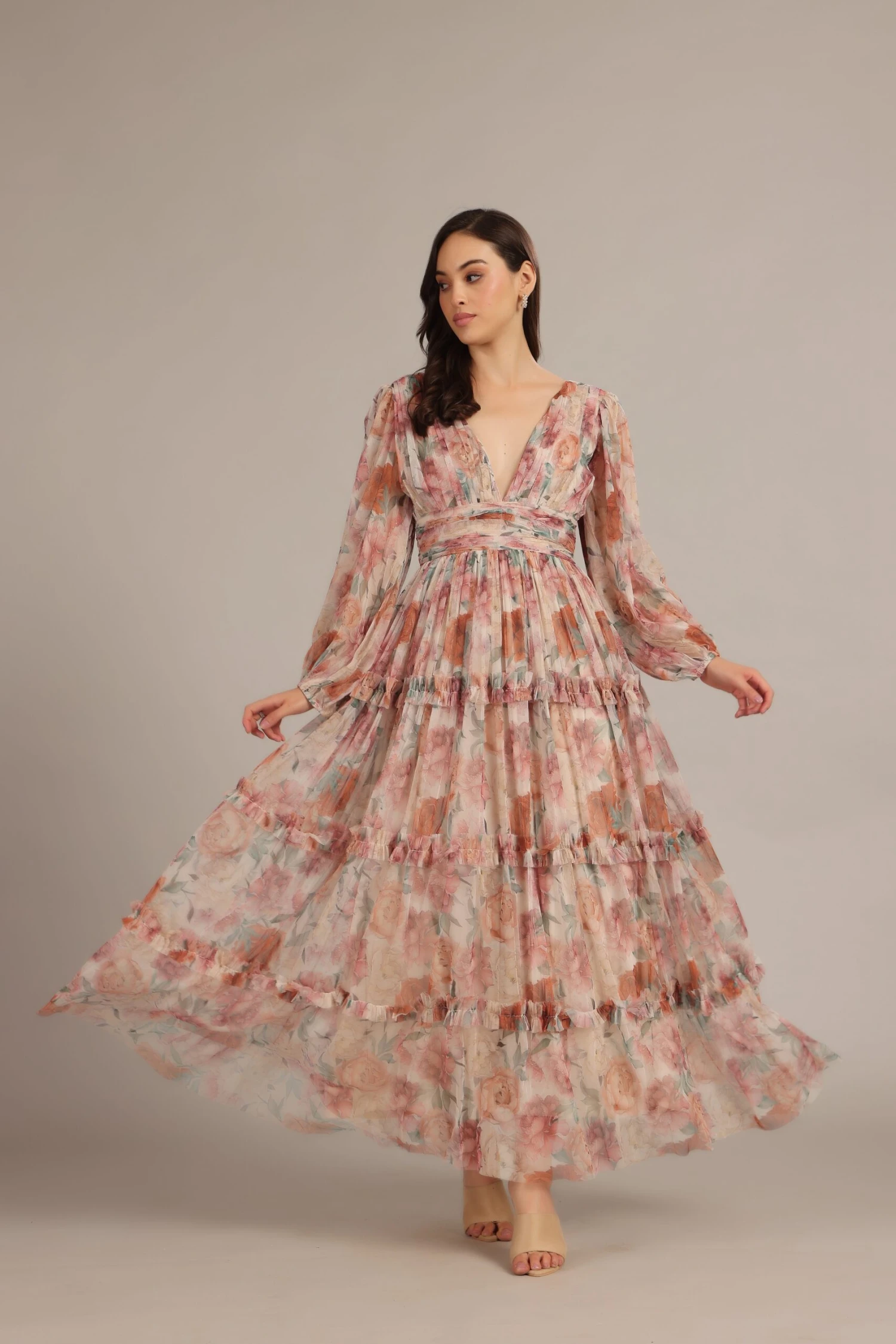 Lydia Maxi Dress In Light Brown Floral 4 Lydia Maxi Dress In Light Brown Floral - Image 4