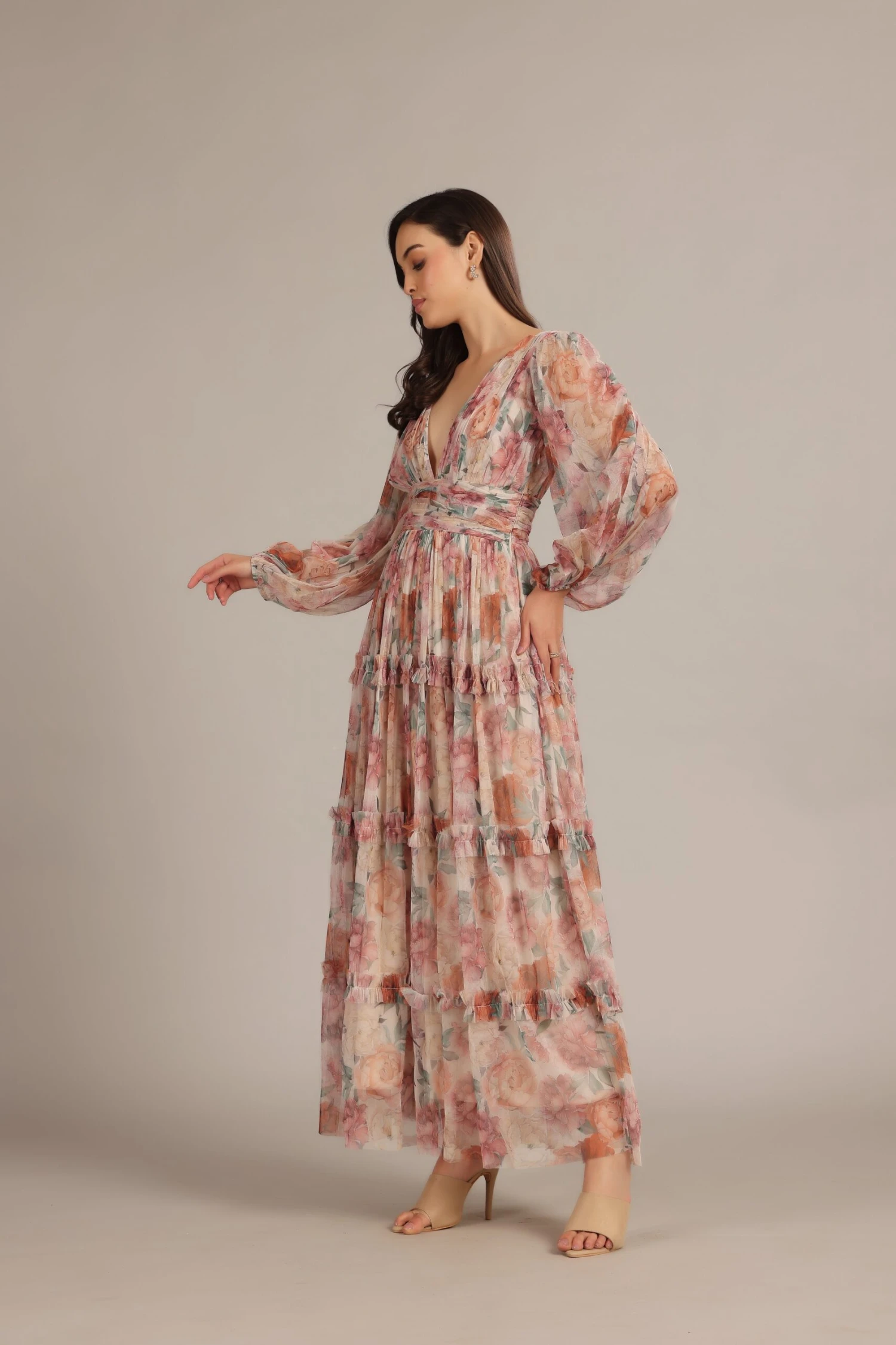 Lydia Maxi Dress In Light Brown Floral 5 Lydia Maxi Dress In Light Brown Floral - Image 5