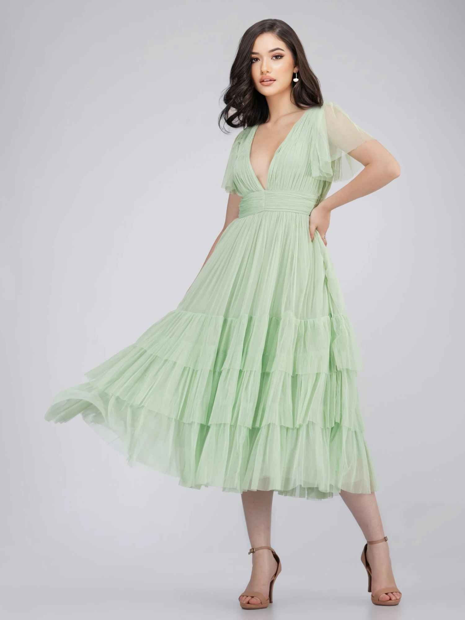 Madison Sage Green Tulle Bridesmaid Midi Dress 3 Madison Sage Green Tulle Bridesmaid Midi Dress - Image 3