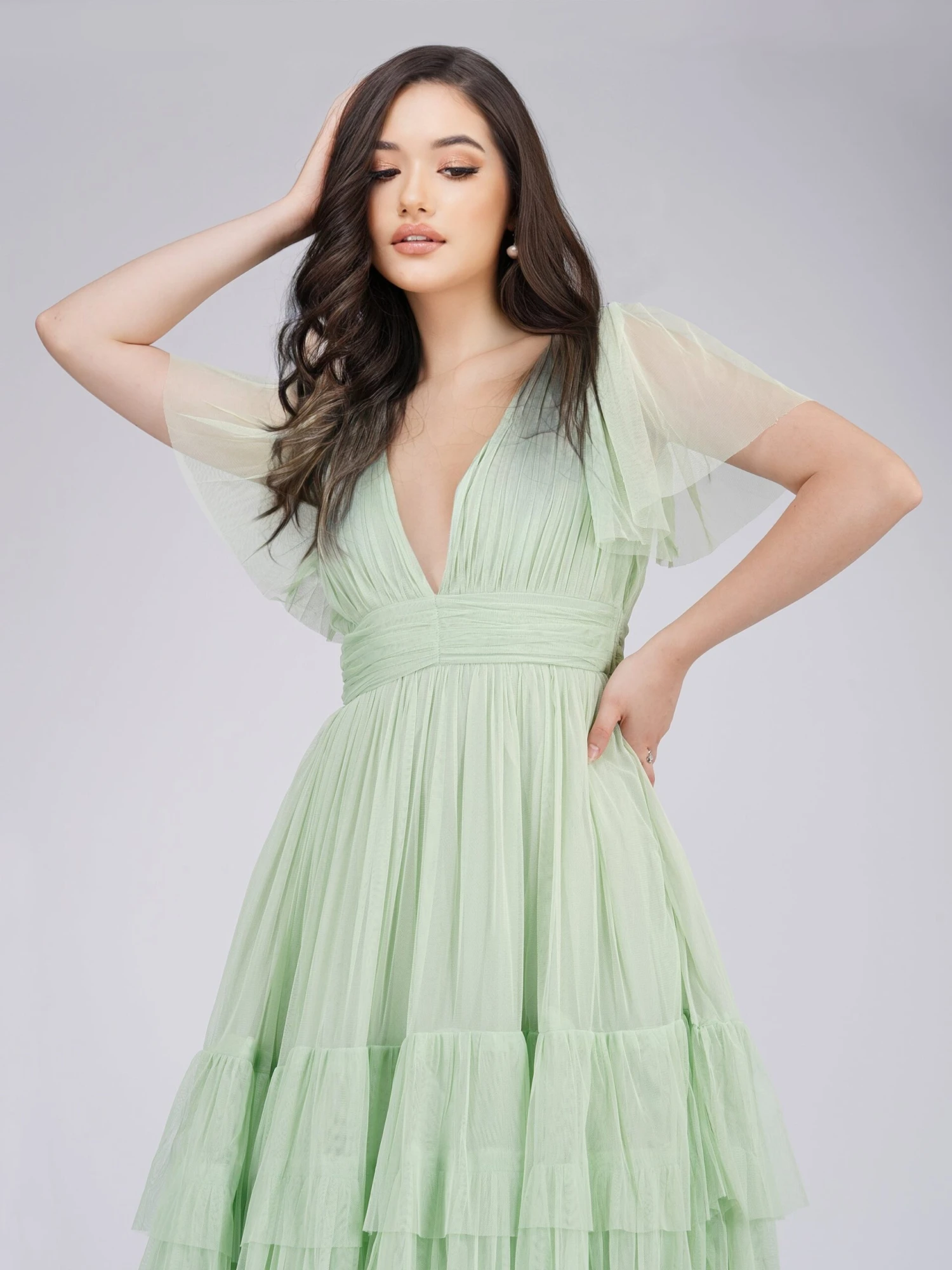 Madison Sage Green Tulle Bridesmaid Midi Dress 4 Madison Sage Green Tulle Bridesmaid Midi Dress - Image 4